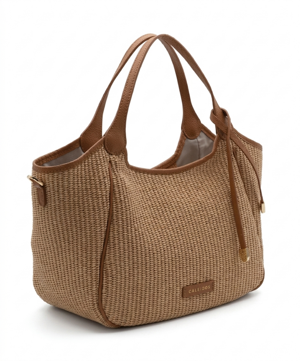 BORSA A MANO IN PAGLIA  CON TRACOLLA LUNGA Caleidos LINEA TESSUTO PELLE