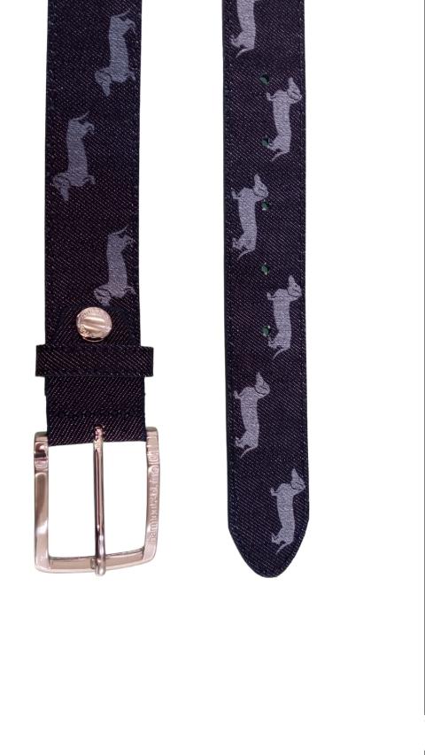 Cintura in tessuto/pelle con bassotto all-over Linea  Belts Denim Harmont & Blaine