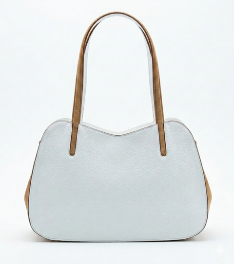 BORSA DOPPIO MANICO IN PELLE BIANCA  CON MANICI IN CAMOSCIO Caleidos linea pelle