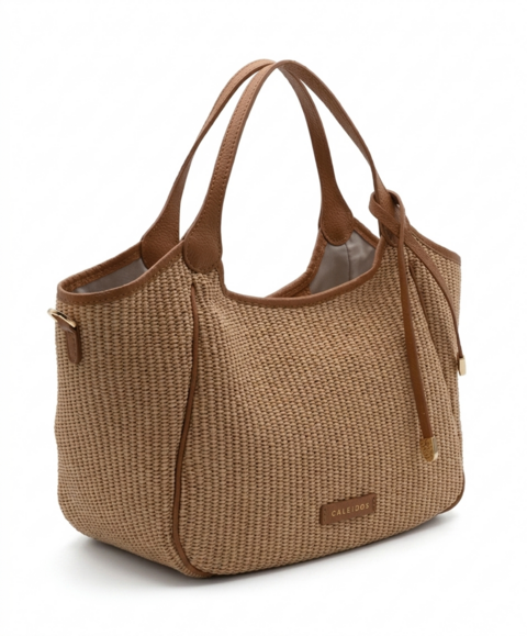 BORSA A MANO IN PAGLIA  CON TRACOLLA LUNGA Caleidos LINEA TESSUTO PELLE