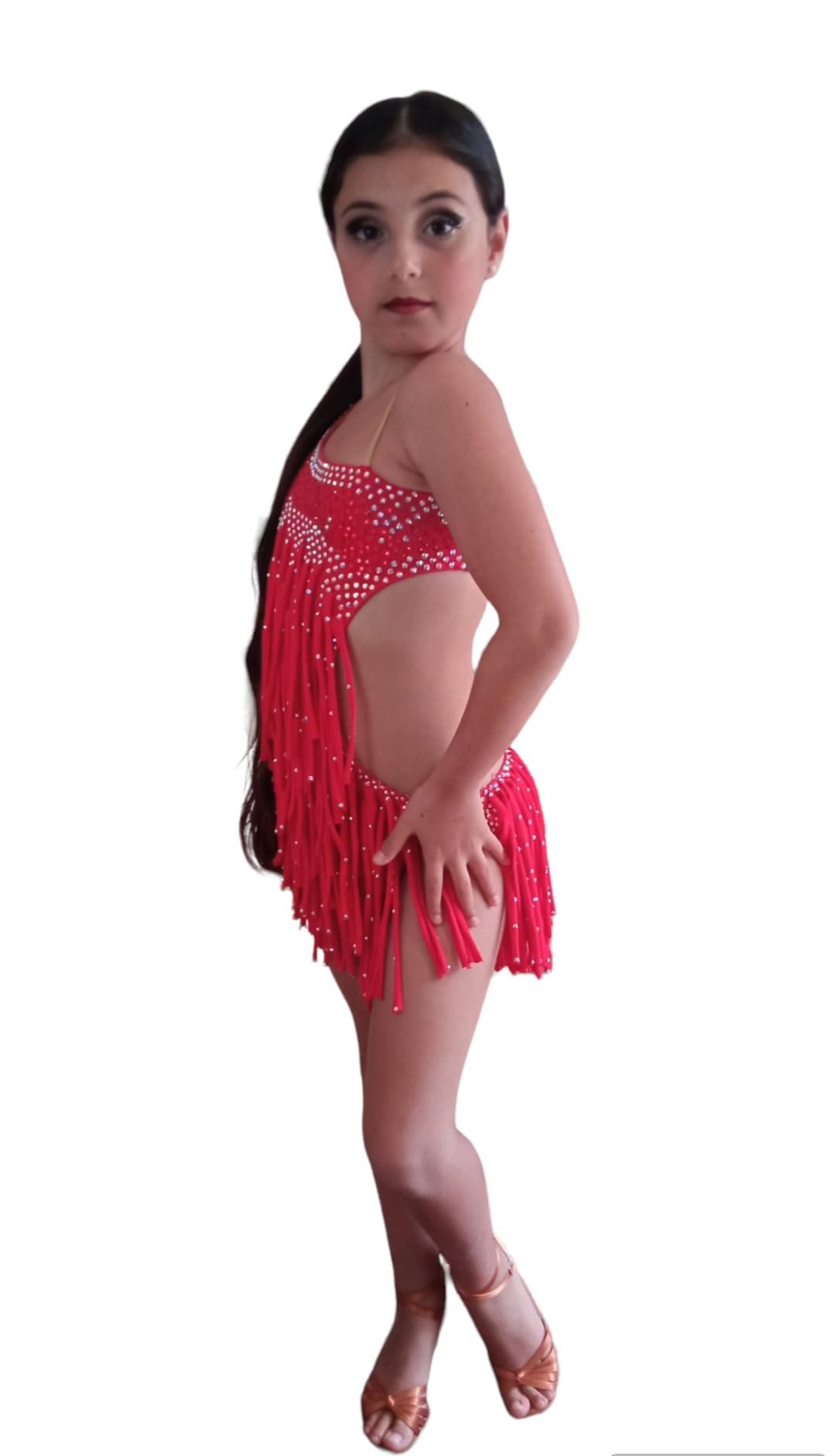 body con gonnello di frange in licra Lidya Dance per bambina