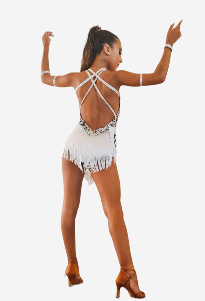 Body da bambina con frange e strass pietre e cannuce Lidya Dance per ballo latino