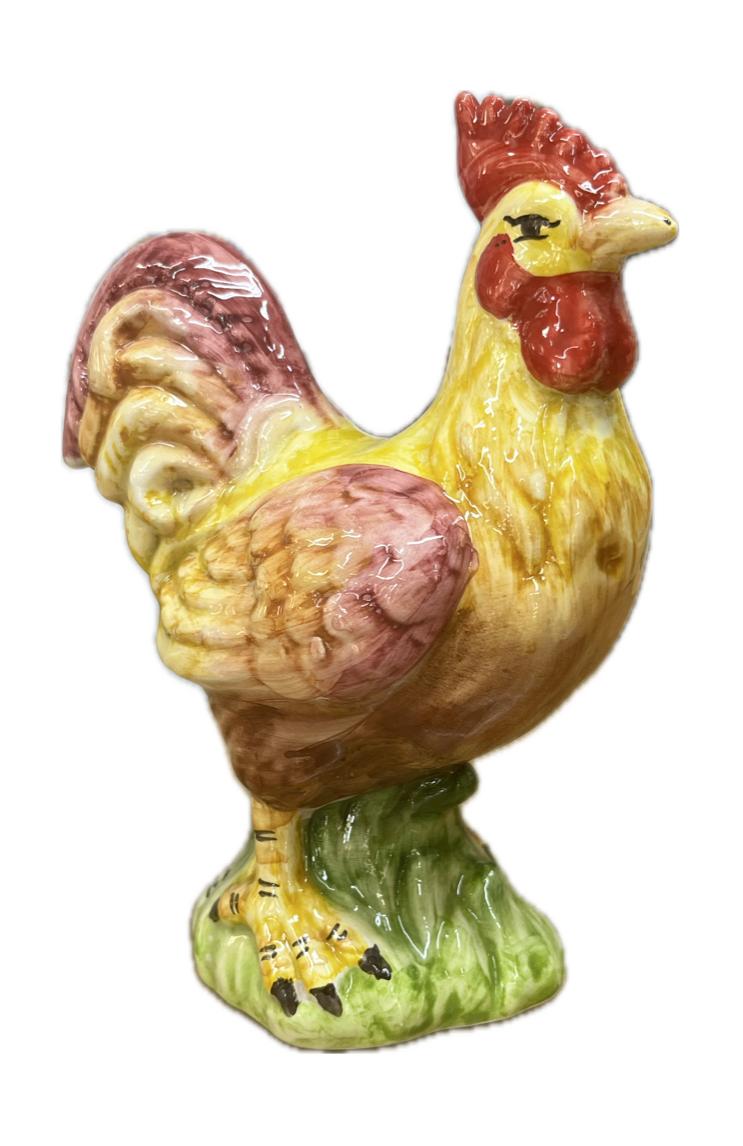 Gallo in ceramica siciliana giallo e verde bosco Produzione artigianale di Caltagirone H 21cm