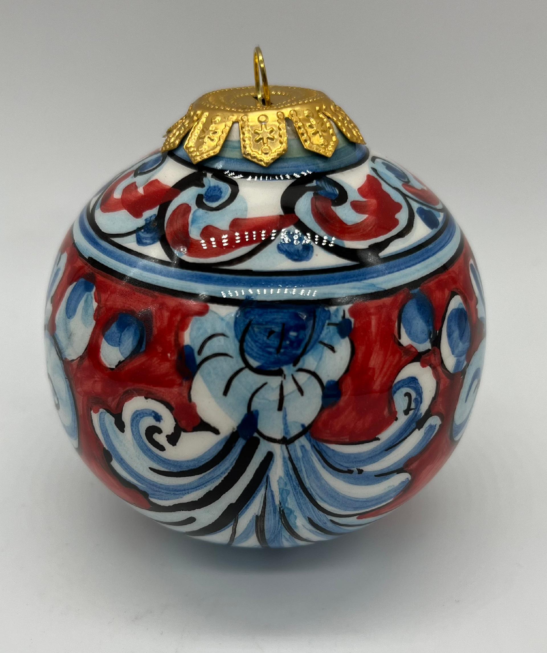 Palline di Natale in ceramica siciliana decoro barocco floreale Produzione artigianale di Caltagirone 8/9 cm