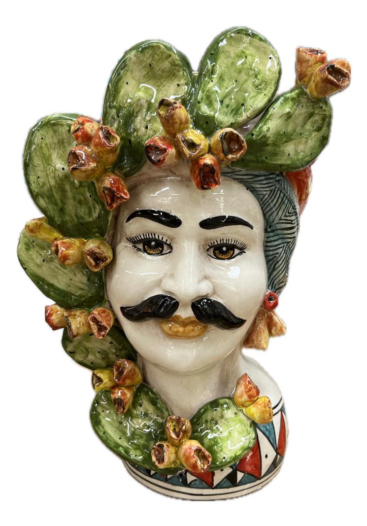 Teste di Moro decorate con fichi d'india in ceramica siciliana Produzione artigianale di Caltagirone h.30cm