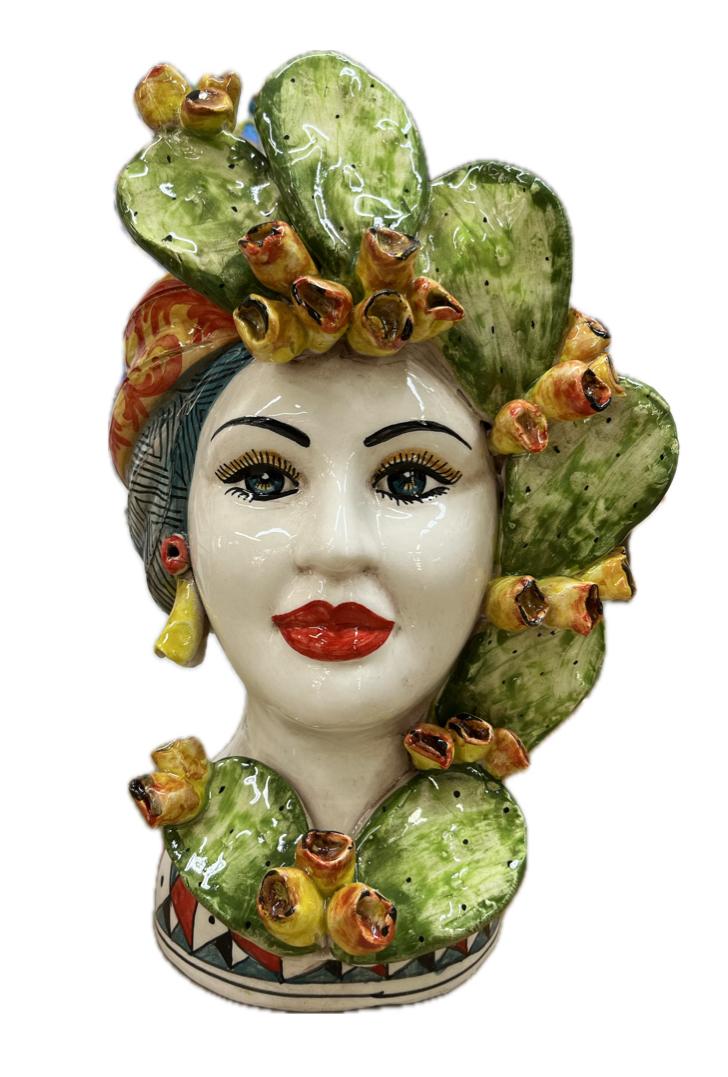 Teste di Moro decorate con fichi d'india in ceramica siciliana Produzione artigianale di Caltagirone h.30cm