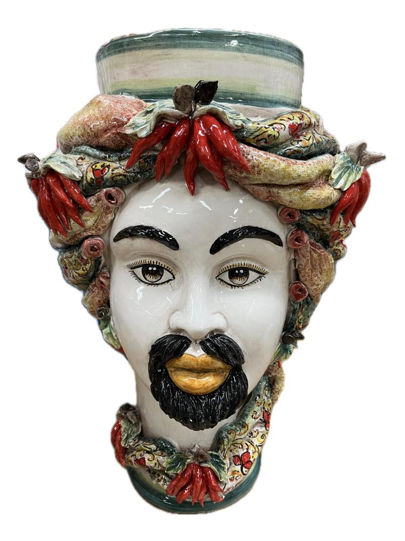 Teste di Moro decoro verde con peperoncini Produzione artigianale di Caltagirone h.50cm
