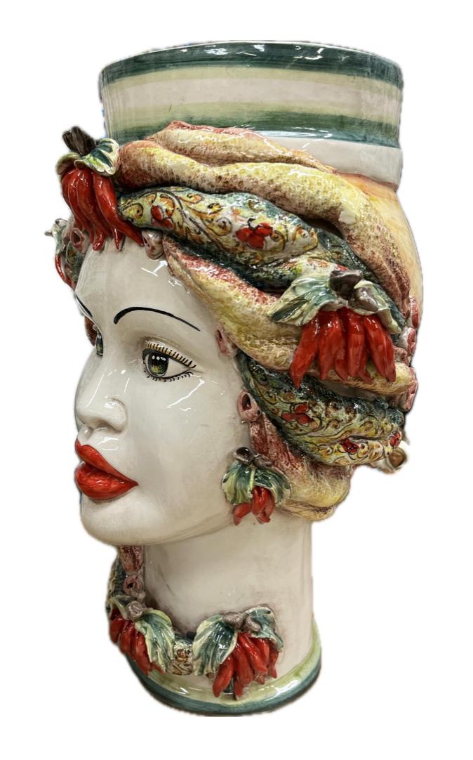 Teste di Moro decoro verde con peperoncini Produzione artigianale di Caltagirone h.50cm
