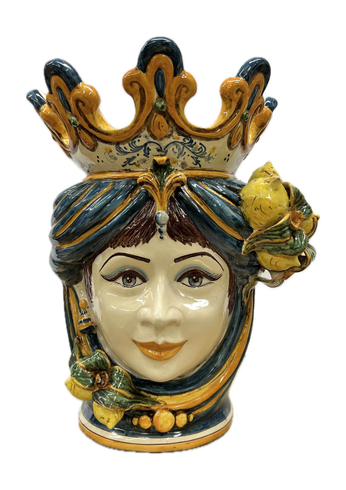 Teste di moro con limoni decoro plastico blu arancio in ceramica siciliana Produzione artigianale di Caltagirone h.40cm