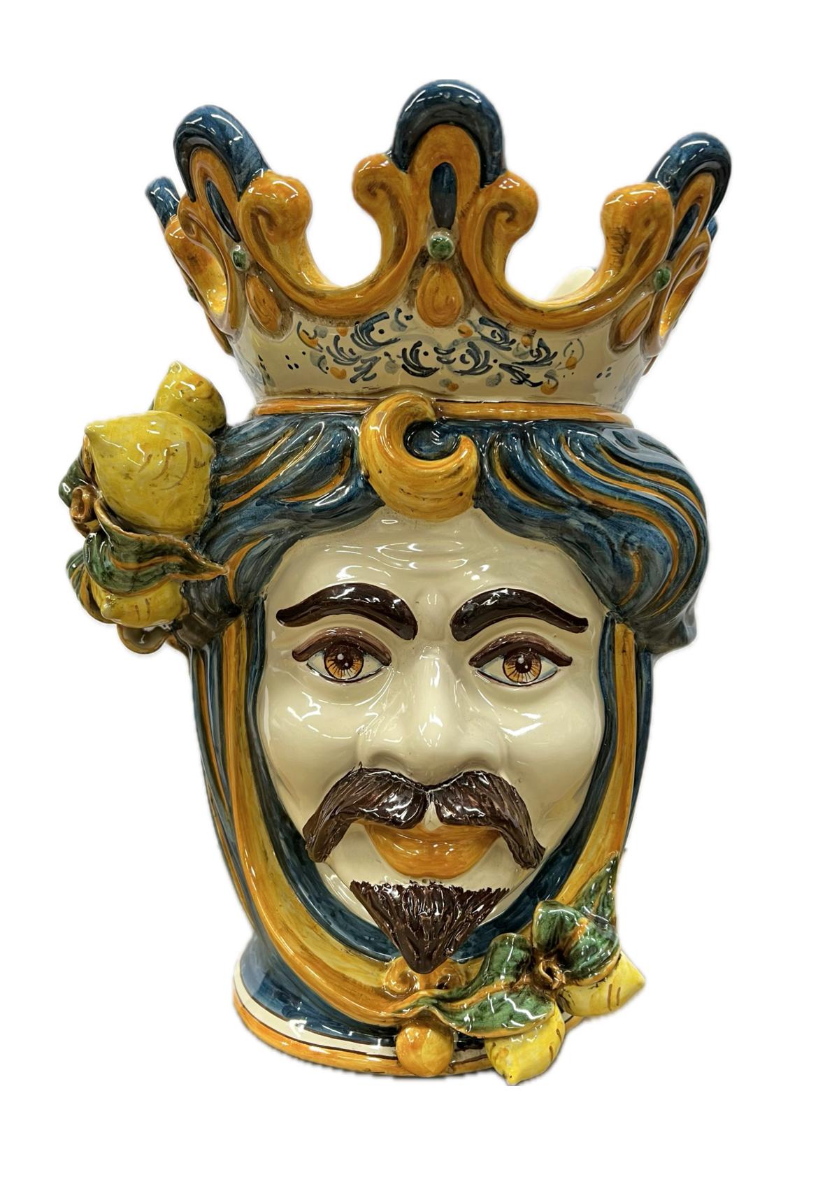 Teste di moro con limoni decoro plastico blu arancio in ceramica siciliana Produzione artigianale di Caltagirone h.40cm