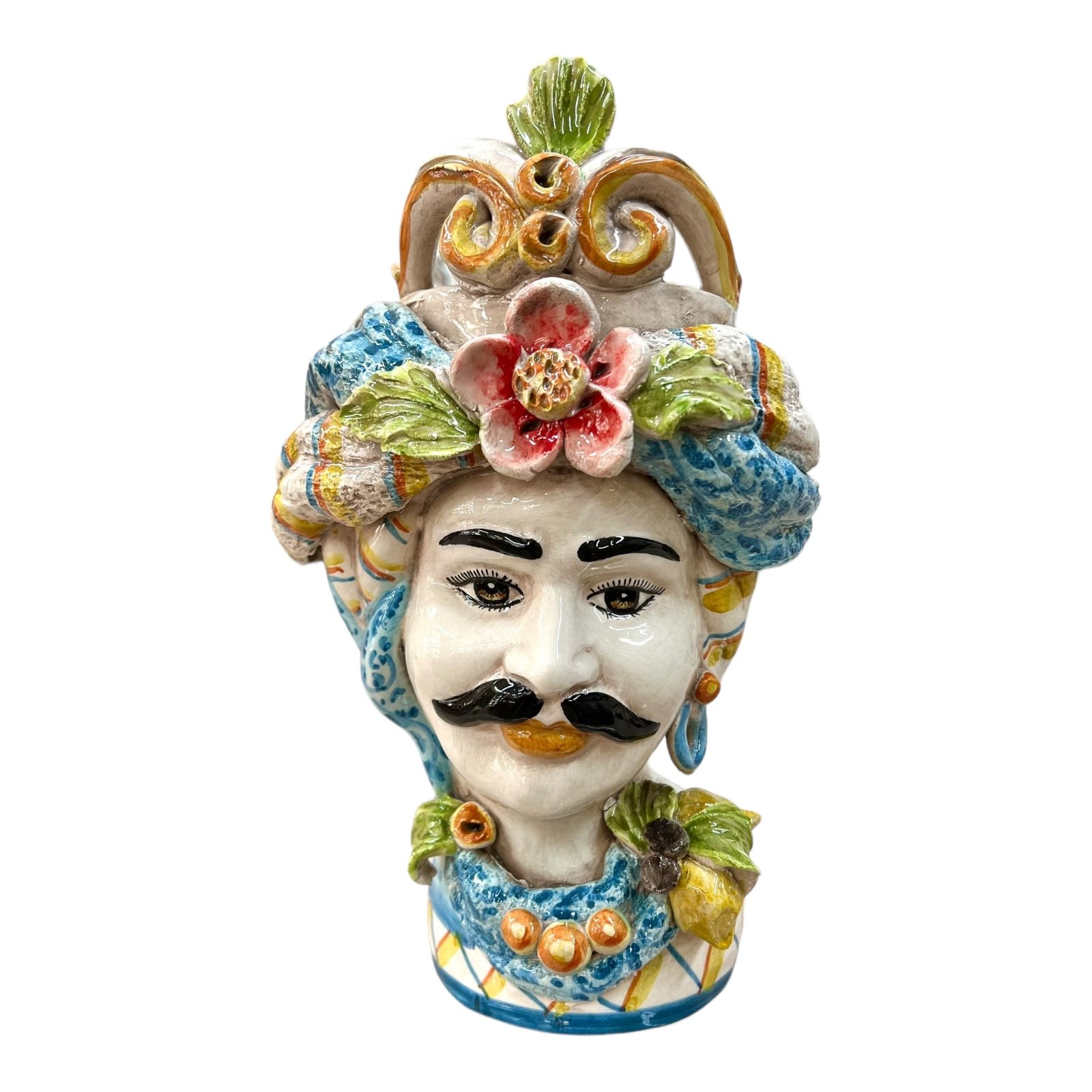 Teste di Moro con corona e turbante decorate con limoni Produzione artigianale di Caltagirone h.30cm