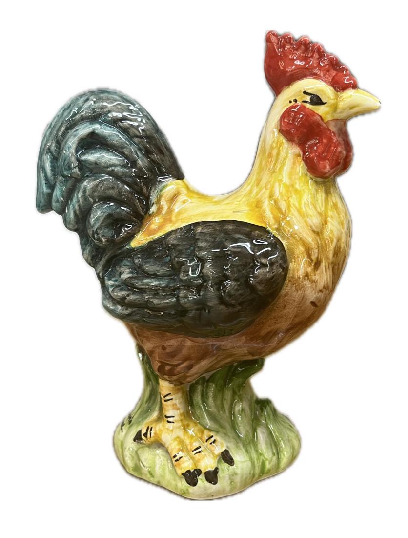 Gallo in ceramica siciliana giallo e verde bosco Produzione artigianale di Caltagirone H 21cm