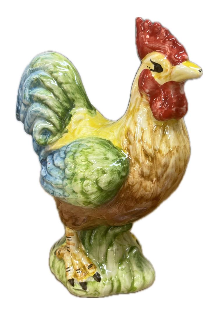 Gallo in ceramica siciliana giallo e verde bosco Produzione artigianale di Caltagirone H 21cm