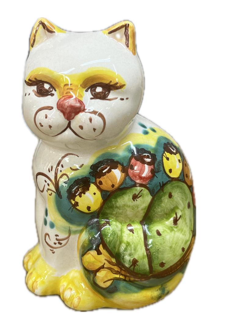 Gatto in ceramica siciliana decoro limoni su fondo verde Produzione artigianale di Caltagirone h.13cm