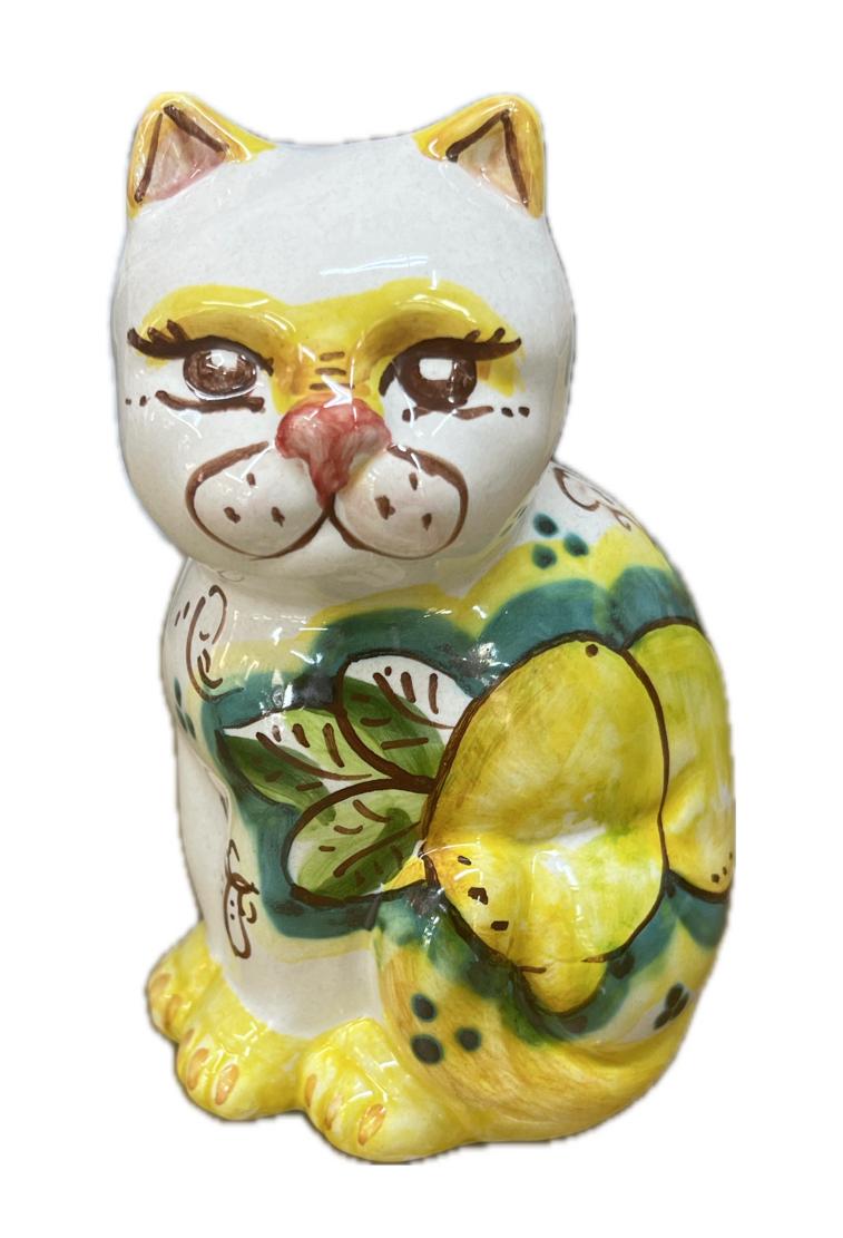 Gatto in ceramica siciliana decoro limoni su fondo verde Produzione artigianale di Caltagirone h.13cm