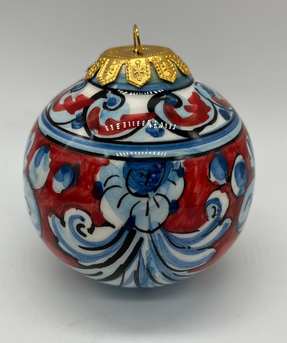 Palline di Natale in ceramica siciliana decoro barocco floreale Produzione artigianale di Caltagirone 8/9 cm