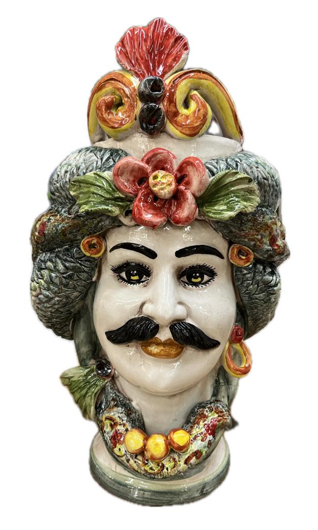 Teste di Moro floreale con corona e turbante decorate Produzione artigianale di Caltagirone H 30cm