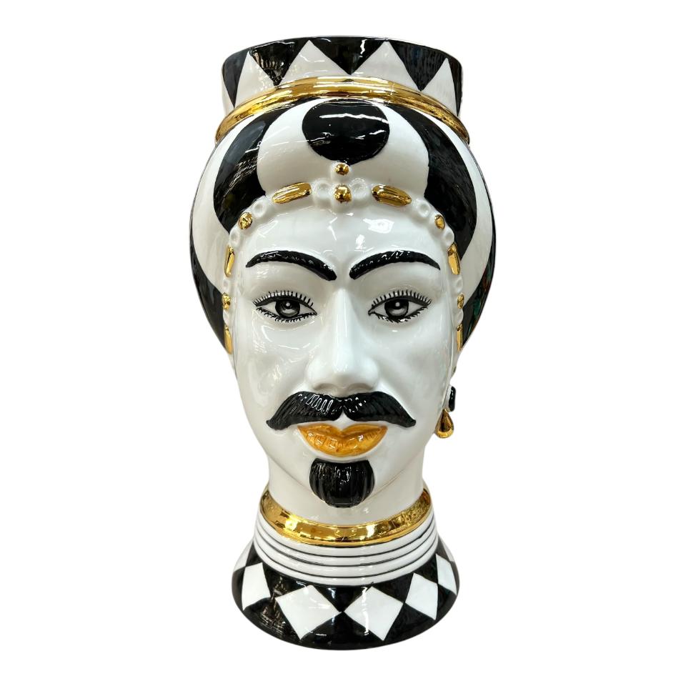 Teste di moro modello Token in ceramica siciliana design moderno decoro bianco e nero con oro Produzione artigianale  di Caltagirone h.31cm