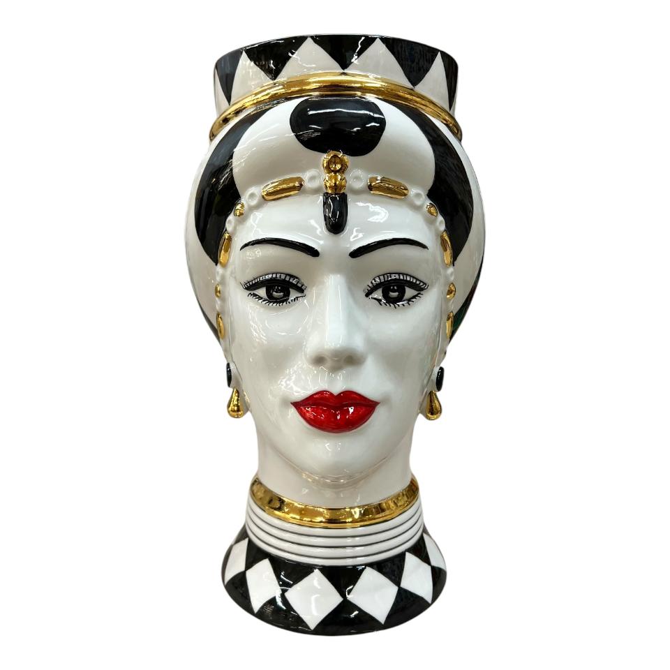 Teste di moro modello Token in ceramica siciliana design moderno decoro bianco e nero con oro Produzione artigianale  di Caltagirone h.31cm