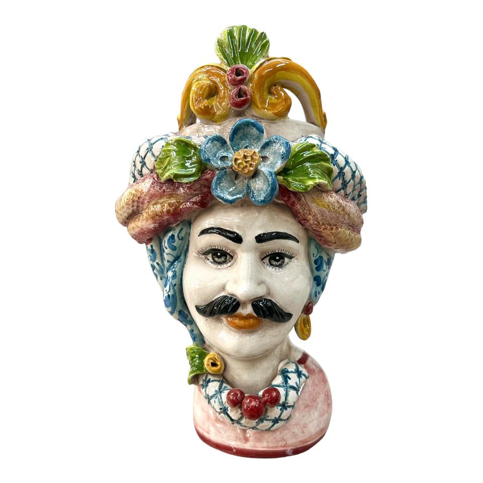 Teste di Moro con corona e turbante decoro floreale blu e bordeaux Produzione artigianale di Caltagirone h.30cm