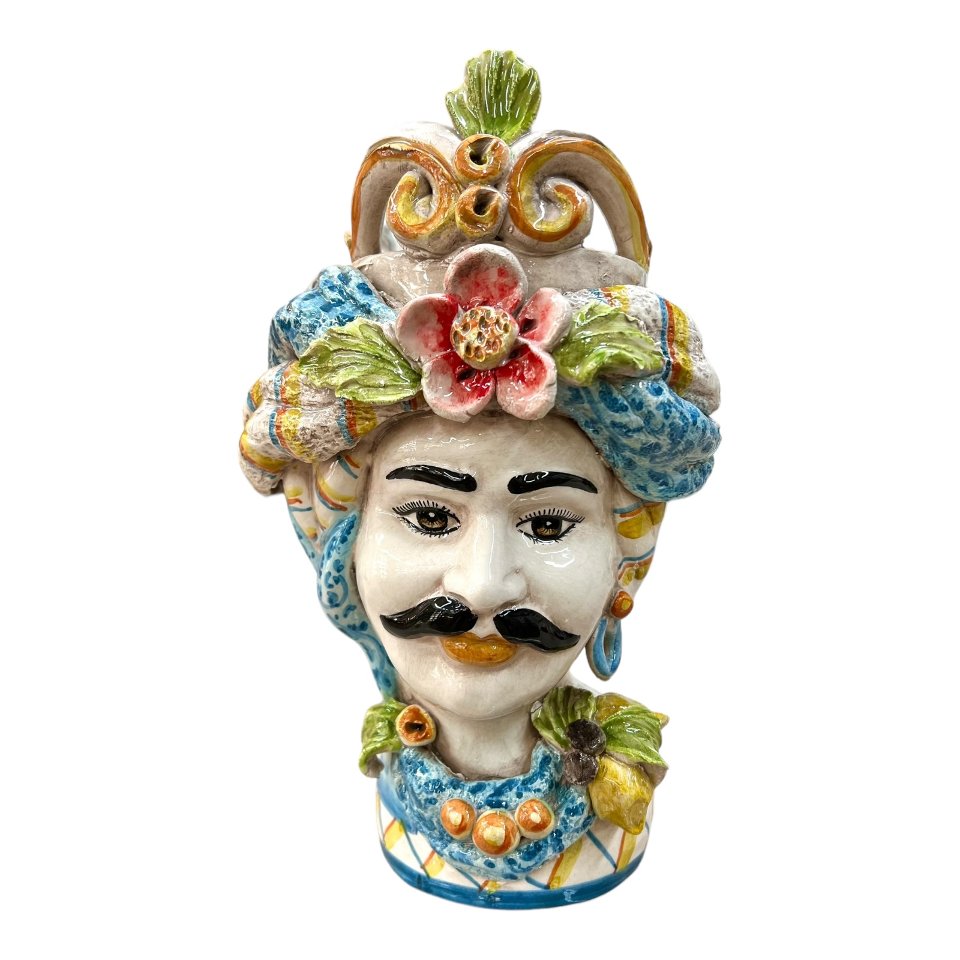 Teste di Moro con corona e turbante decorate con limoni Produzione artigianale di Caltagirone h.30 cm