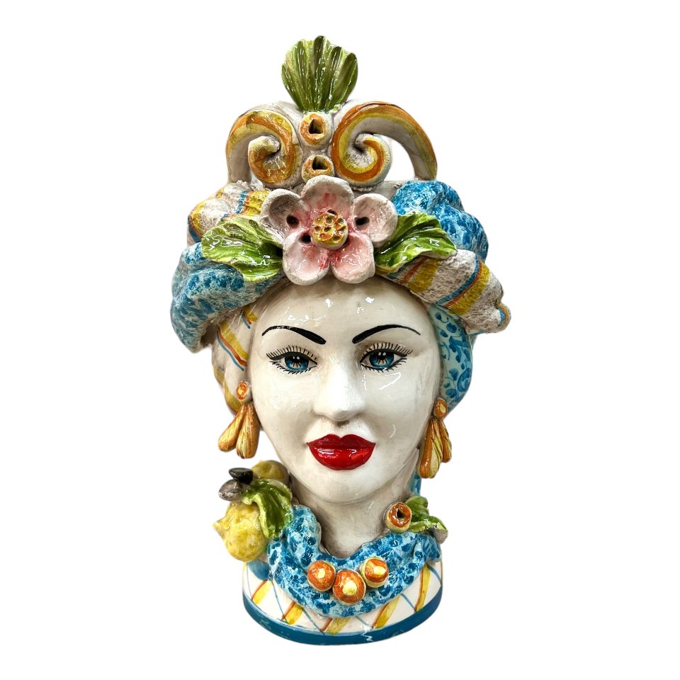 Teste di Moro con corona e turbante decorate con limoni Produzione artigianale di Caltagirone h.30 cm