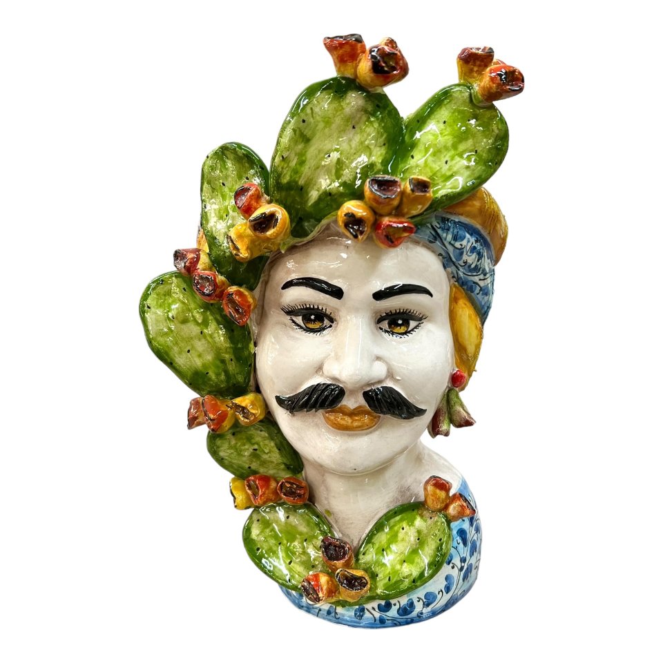 Teste di moro con fichi d'india decoro blu floreale Produzione artigianale di Caltagirone h.30 cm