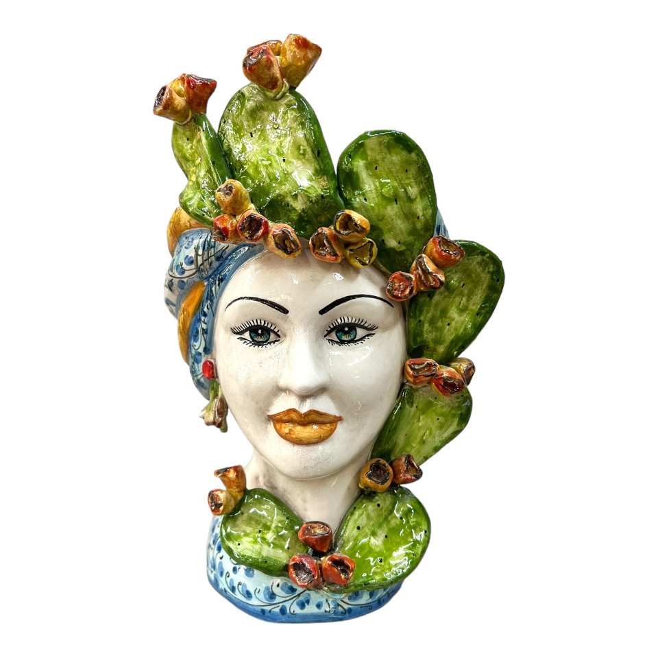 Teste di moro con fichi d'india decoro blu floreale Produzione artigianale di Caltagirone h.30 cm