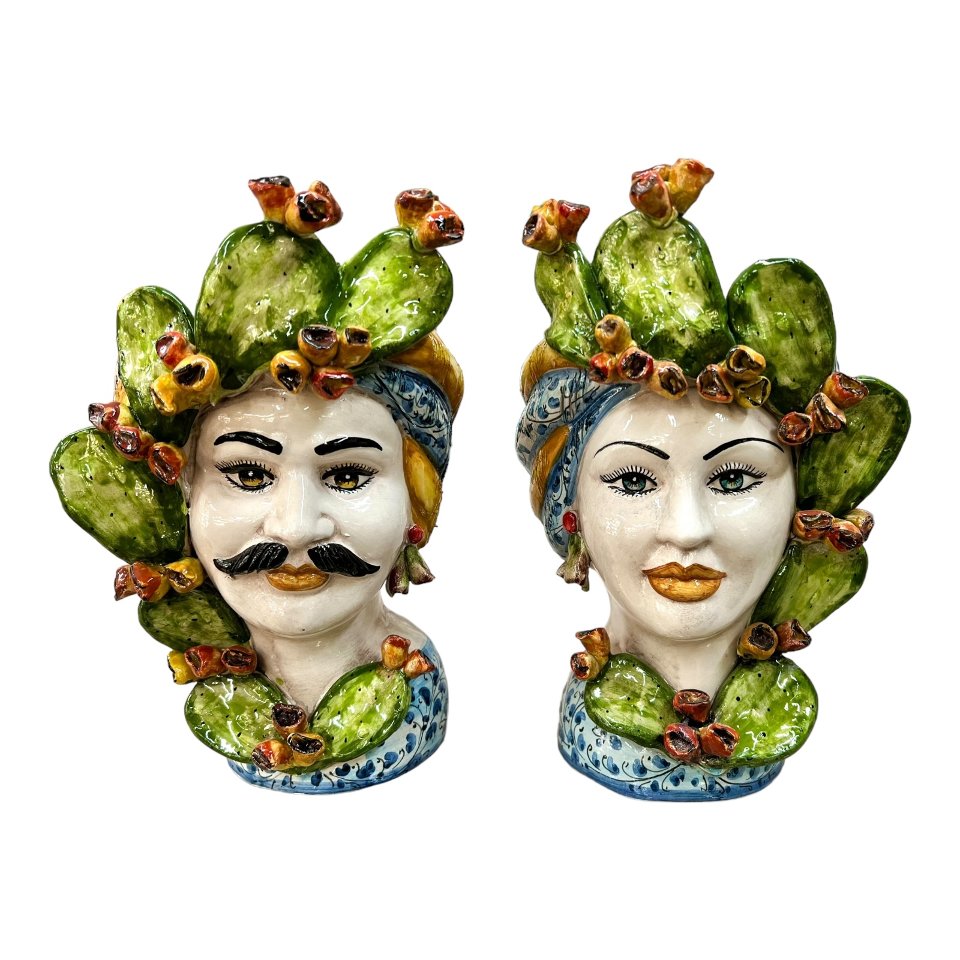 Teste di moro con fichi d'india decoro blu floreale Produzione artigianale di Caltagirone h.30 cm