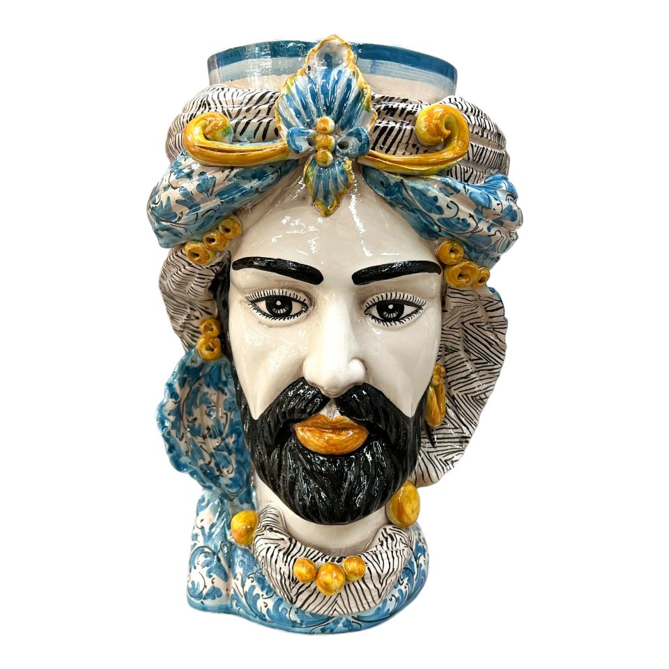 Teste di moro con turbante e drappeggio decoro floreale azzurro Produzione artigianale di Caltagirone h.40cm