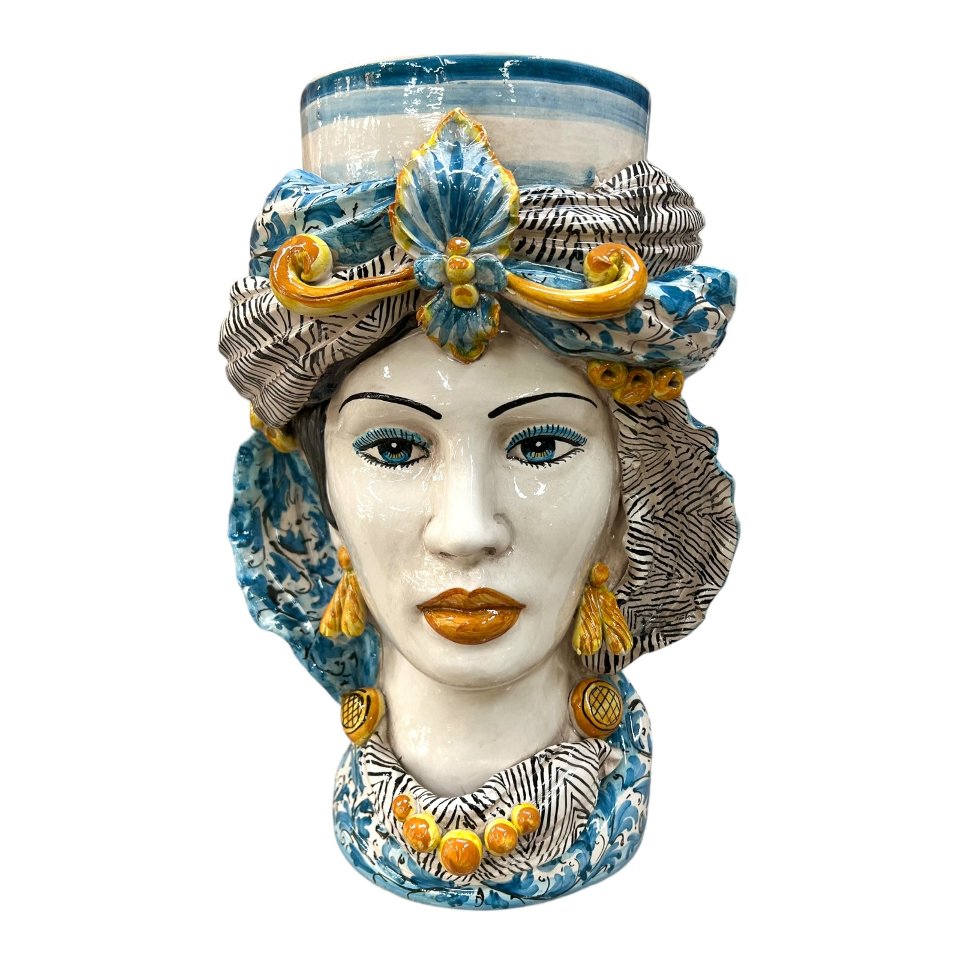 Teste di moro con turbante e drappeggio decoro floreale azzurro Produzione artigianale di Caltagirone h.40cm