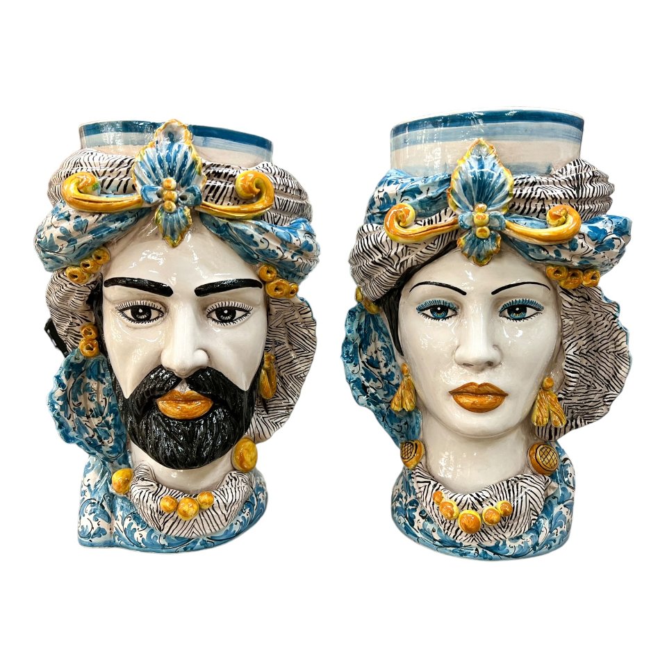Teste di moro con turbante e drappeggio decoro floreale azzurro Produzione artigianale di Caltagirone h.40cm
