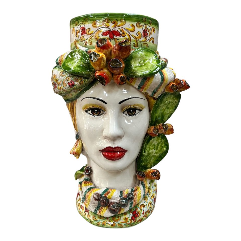 Teste di Moro con fichi d'india e turbante decoro floreale verde Produzione artigianale  di Caltagirone h.40cm