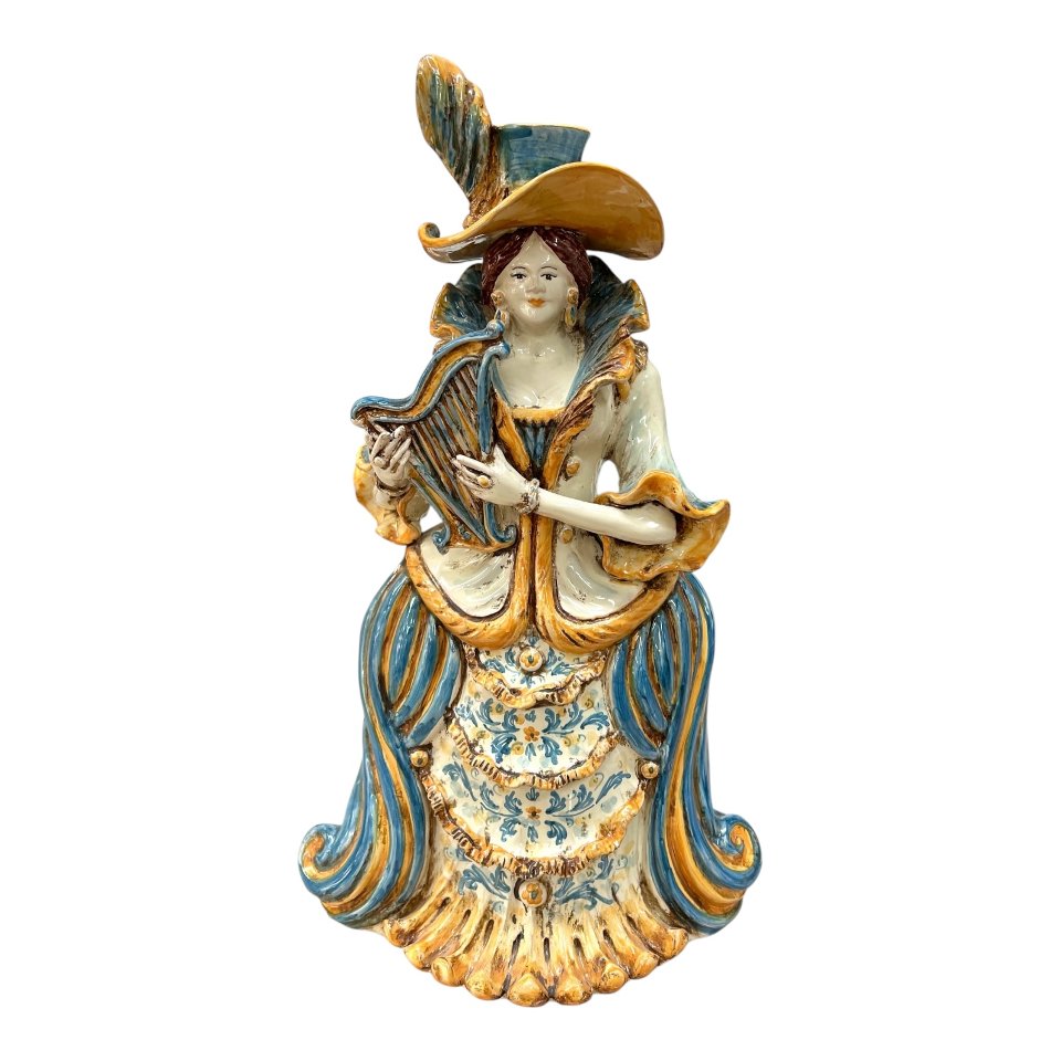 Lumiere grande ornamentale in ceramica decoro blu e arancio Produzione artigianale di Caltagirone h.40 cm
