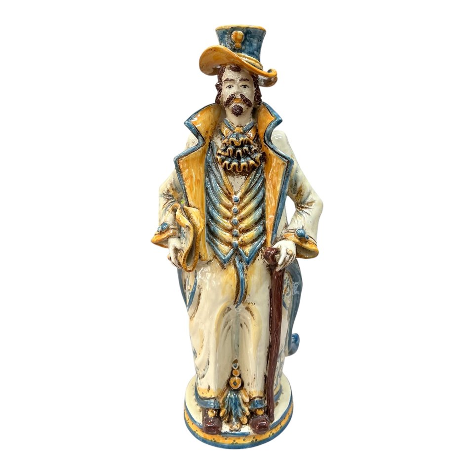 Lumiere grande ornamentale in ceramica decoro blu e arancio Produzione artigianale di Caltagirone h.40 cm