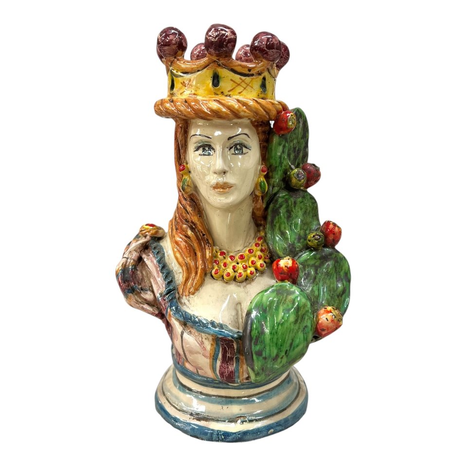 Teste di Moro mezzo busto con fichi d’india in ceramica siciliana Produzione artigianale di Caltagirone h.22 cm