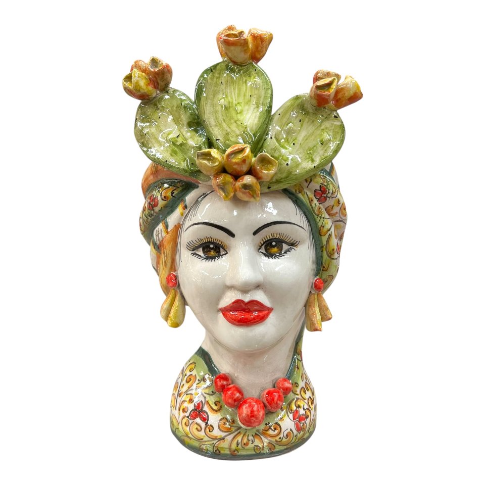 Teste di moro in ceramica siciliana decoro con fichi d’india Produzione artigianale  di Caltagirone h.30cm