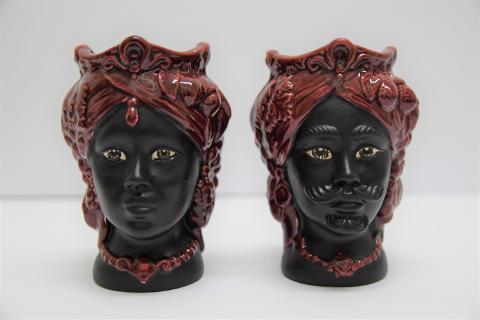 Coppia Teste di moro moderne con frutta h.15 cm Produzione artigianale di Caltagirone nero opaco