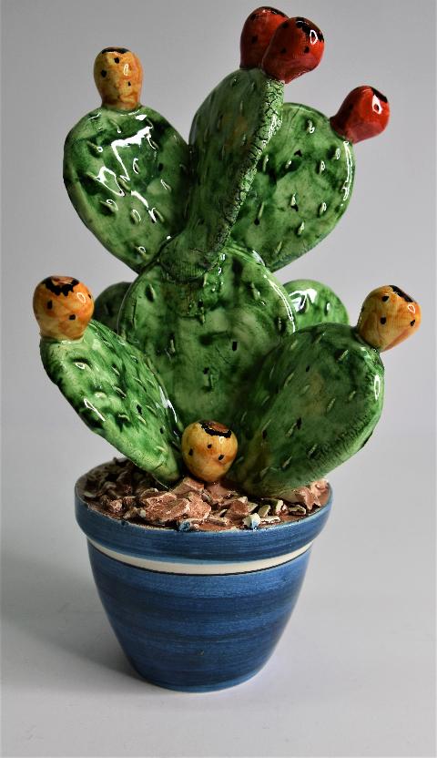 Piantina fico d'india in ceramica Produzione artigianale di Caltagirone h.22 cm