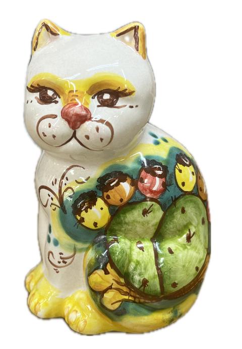 Gatto in ceramica siciliana decoro limoni su fondo verde Produzione artigianale di Caltagirone h.13cm