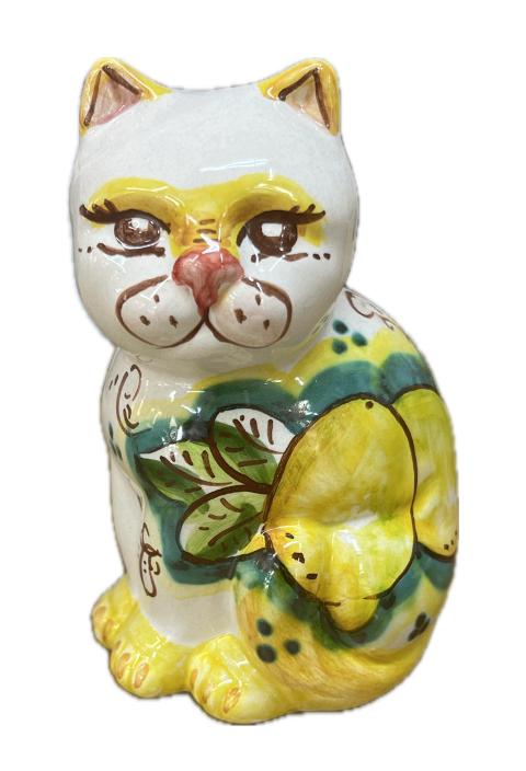 Gatto in ceramica siciliana decoro limoni su fondo verde Produzione artigianale di Caltagirone h.13cm