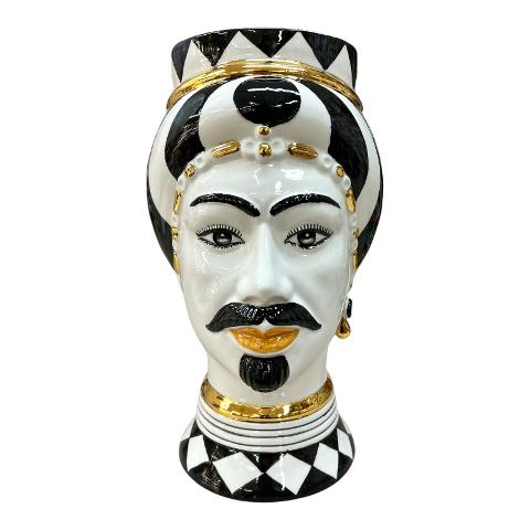 Teste di moro modello Token in ceramica siciliana design moderno decoro bianco e nero con oro Produzione artigianale  di Caltagirone h.31cm