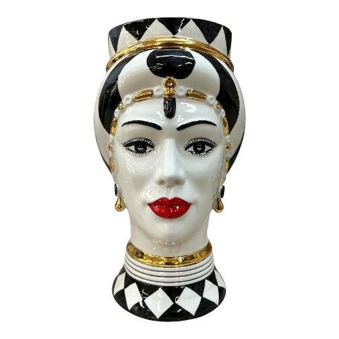 Teste di moro modello Token in ceramica siciliana design moderno decoro bianco e nero con oro Produzione artigianale  di Caltagirone h.31cm