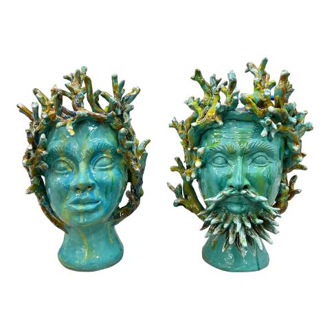 Testa di moro collezione I Miti modello Tritone e Sirena decoro azzurro Produzione artigianale di Palermo h.30cm