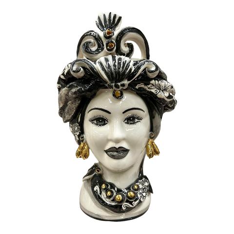 Teste di moro in ceramica siciliana design moderno decoro bianco e nero con oro Produzione artigianale  di Caltagirone h.30cm