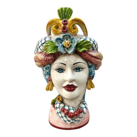 Teste di Moro con corona e turbante decoro floreale blu e bordeaux Produzione artigianale di Caltagirone h.30cm