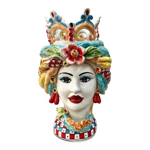 Teste di Moro con corona e turbante decoro siciliano Produzione artigianale di Caltagirone h.30cm