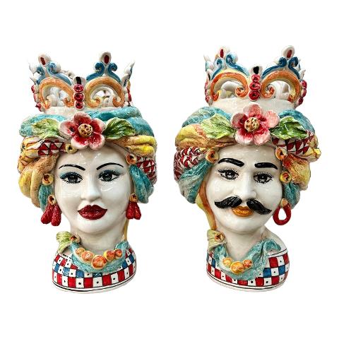 Teste di Moro con corona e turbante decoro siciliano Produzione artigianale di Caltagirone h.30cm