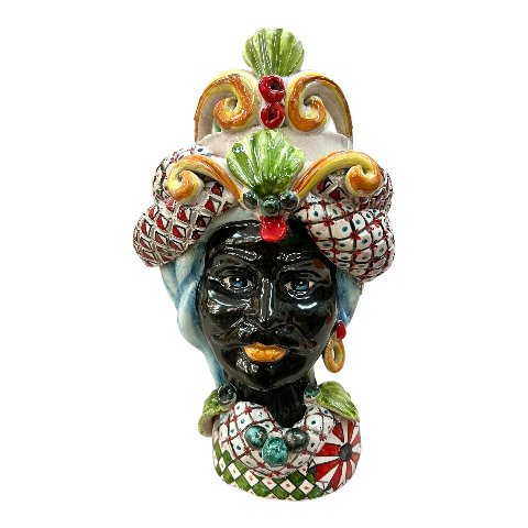 Teste di Moro con corona e turbante decoro carretto Produzione artigianale di Caltagirone h.30 cm