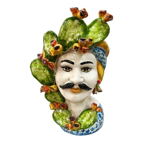Teste di moro con fichi d'india decoro blu floreale Produzione artigianale di Caltagirone h.30 cm